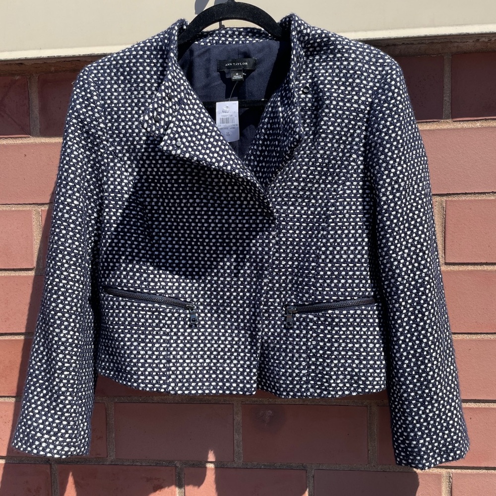 Ann Taylor Women's Navy and White Textured Knit Classic Cropped Blazer